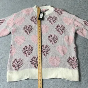 Glitz‎ & Ears Sweater Womens M Pink Cream Fuzzy Leopard Heart Pearl Sweater NEW thumbnail 8