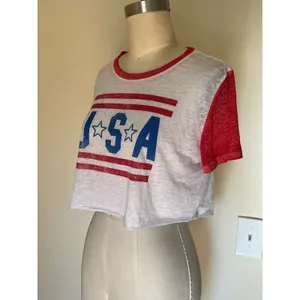 Modern Lux L USA Graphic Sheer Cropped T-Shirt Red White Blue Patriotic Preppy thumbnail 5