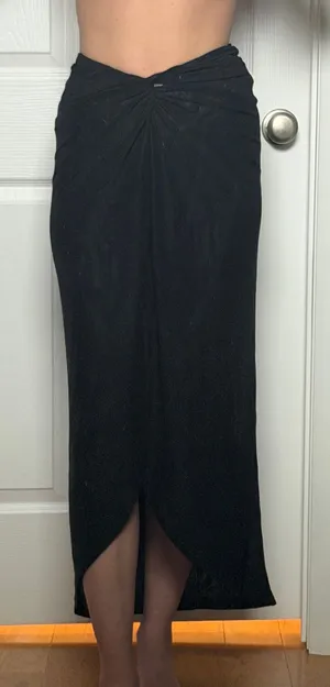 MESHKI Sheer Tulip Maxi Skirt Black Draped Mesh High Low Elegant Womens Medium thumbnail 1