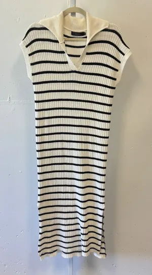 ZESICA Striped Knit Midi‎ Dress White Black Polo Collar Sleeveless Medium Cruise thumbnail 1