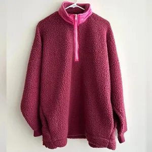 Aerie Dream Sherpa Quarter Zip Sweatshirt, Cherry Pink/Hot Pink, Size Medium thumbnail 6