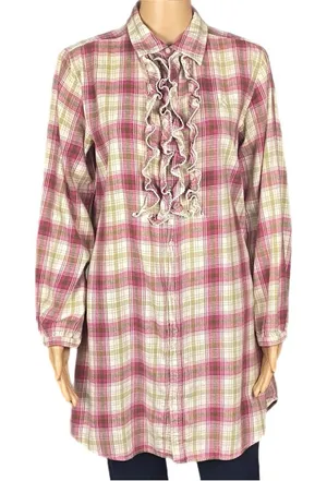 RALPH LAUREN BLUE LABEL Plaid Ruffle Front Cotton Shirt Dress/Tunic Medium thumbnail 1