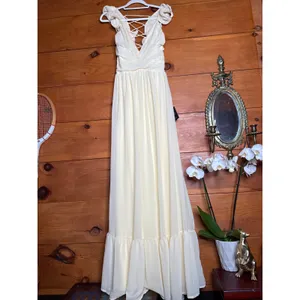 NWT Lulus Soiree Celebration Light Yellow Ruffled Lace-Up Maxi Dress Tiered Sz L thumbnail 2