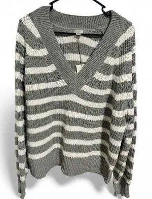 NWT A New Day Large Gray & Cream V-Neck Sweater | Soft Cotton Blend Classic Fit thumbnail 1