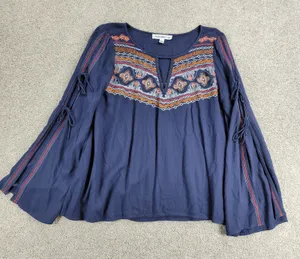 Abercrombie & Fitch Womens Boho Top M Blue Embroidery Tie Flowy Sleeves Keyhole thumbnail 1