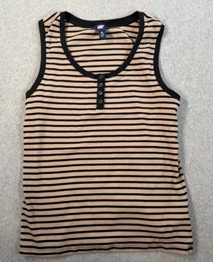 Lands' End Women's XL 16/18 Tan Black Striped Ribbed Henley Tank Top Casual thumbnail 1