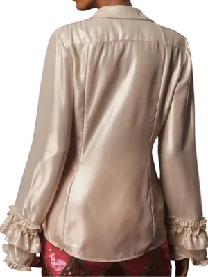 Maeve Anthropologie Satin Flounce Sleeve Button-Down Blouse Size L thumbnail 4
