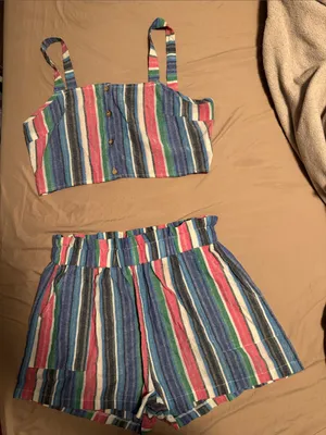 SHEIN Striped Blue Pink Green Multi-Color Women's Shorts Set thumbnail 1