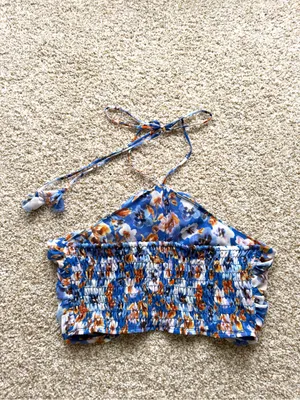 Misa Los Angeles Blue Pansy Selmin Top Blue Floral Halter Crop Top Sz Large thumbnail 10