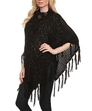 Sequined Fringe Turtleneck Poncho Black thumbnail 1
