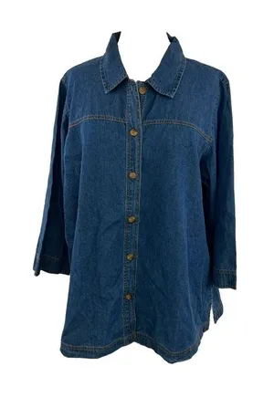 Vtg 90s Serengeti Catalog Sz 1X Blue Chambray Denim Top Button Front 3/4 Sleeves thumbnail 1