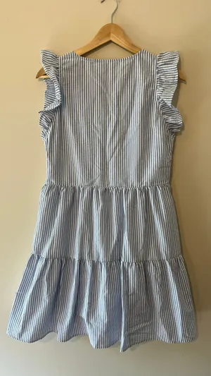 Duffield Lane Blue White Stripe Seersucker Ruffle Tiered Mini Dress Size Small S thumbnail 3
