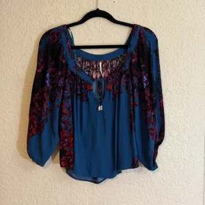 Free People Blouse Blue S Womens Floral Boho Peasant Top thumbnail 4