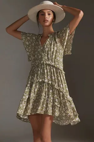 Anthropologie Robin Tiered‎ Mini Dress in Moss Floral thumbnail 1