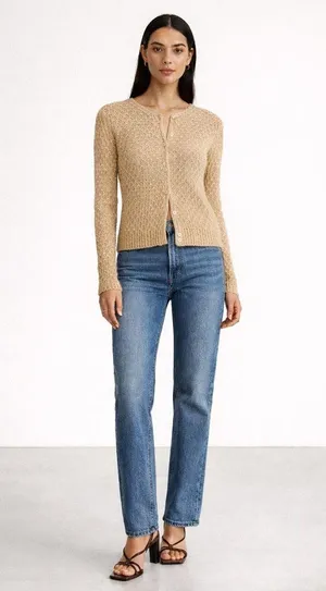Abercrombie and Fitch tan linen blend textured knit crewneck cardigan. Large. thumbnail 1