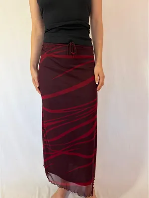 Dark Red Y2K Vintage Mesh Overlay Abstract Maxi Skirt thumbnail 9