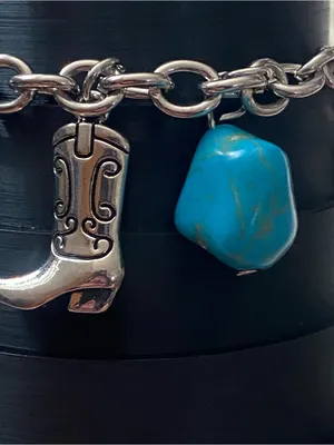 6.5” To 9” Bracelet Coywboy Boot & Flower Faux Turquoise Chunks Western Cowgirl thumbnail 6