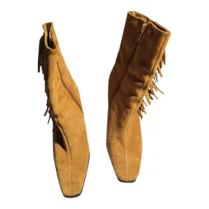 Vtg 1990s Predictions Brown Suede Fringe Trim Block Heel Square Toe Midi Boots 5 thumbnail 2