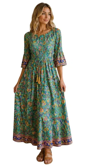 Patchouli Fair Boho Maxi Dress Boat Neck Paisley Floral Tassel L thumbnail 1