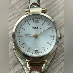 Fossil Georgia Ladies Watch Genuine Leather Strap Gold Dial Case New Battery thumbnail 2