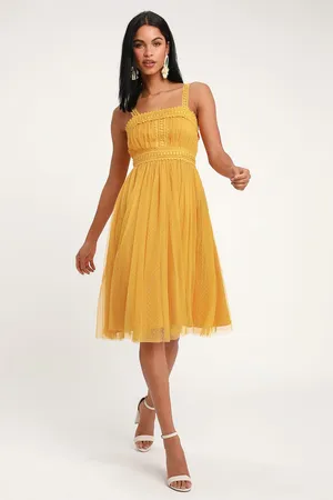 Lulus NWT Forever Love Golden Yellow Swiss Dot Sleeveless Dress - L thumbnail 2