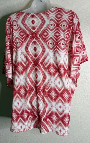 Chicos 3 US XL Top Red White Ikat Diamond Print Dolman Sleeve Scoop Neck Artsy thumbnail 1