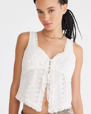 Aeropostale Baby Doll Crop Tank Top Y2K Milkmaid Boho SZ XL White Eyelet Ruffle thumbnail 1