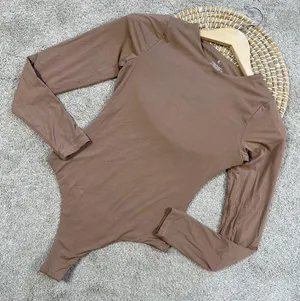 Pumiey Brown Crew Neck Long Sleeve Bodysuit Second-skin Feel Tops in Latte S thumbnail 1
