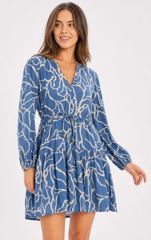 H&M Blue Abstract Print Tiered Mini Dress L thumbnail 1