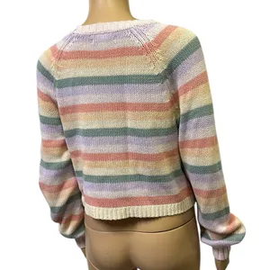 American Eagle Cropped Pastel Rainbow Striped Cotton Acrylic Knit Sweater XS thumbnail 3