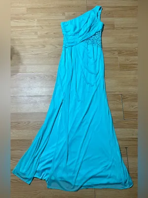 David’s bridal Malibu blue one-shoulder floor length, lace inset @one waistline. thumbnail 2
