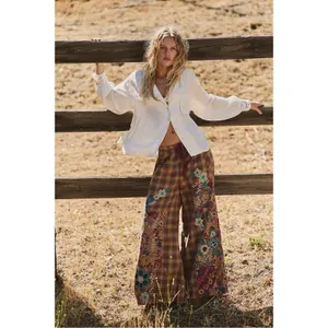 Free People Bohemian Brooks Embroidered Plaid Wide Leg Patchwork Pants Size XL thumbnail 15