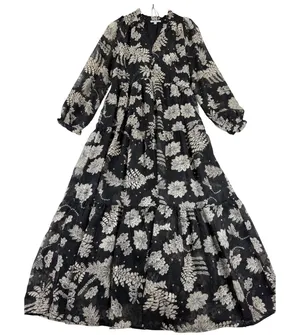 Polagram Black Floral‎ Tiered Maxi Dress Long Sleeve V-Neck Boho PSD3991-A Small thumbnail 1