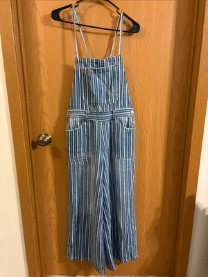 Kensie Women’s Blue‎ & White Striped Wide Leg Denim Overalls Medium NWOT thumbnail 2