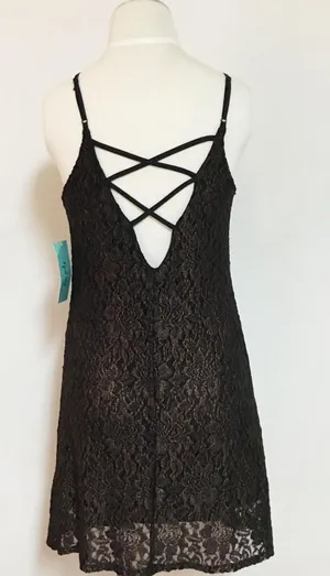 Low Open Back Laced Tie Lacey Dress Black thumbnail 1