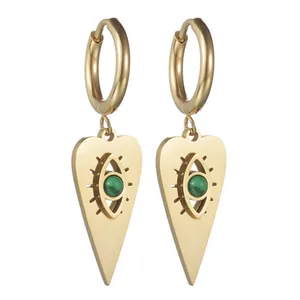 Malachite Center Stone Dangling Heart Gold Hoop Earrings thumbnail 2