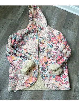 Boutique Floral Hooded Coat Teddy Sherpa Jacket Paisley Pink Multicolor Size S thumbnail 2