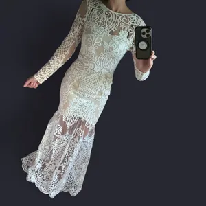 Elegant Ivory White & Nude Embroidered Lace Bohemian Dress With Rhinestone Belt thumbnail 9