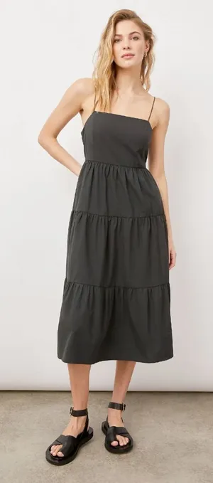 NWT RAILS Leni Dress S Black Cotton Poplin Tiered Midi Open Back Tie Back LBD thumbnail 1