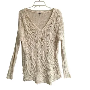 Free People Cross My Heart Vneck Sweater Women’s S Pullover Cream Grunge Boho‎ thumbnail 3