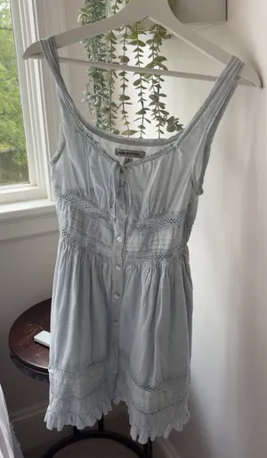 Urban Outfitters light blue babydoll dress with lace trim and button-up front, size S thumbnail 1