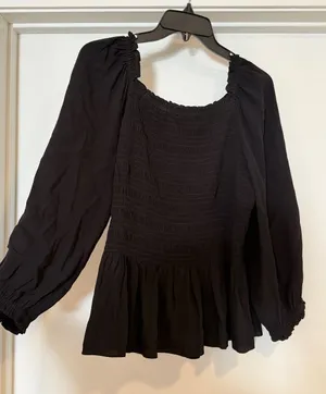 Ann Taylor Black Smocked Peplum Blouse thumbnail 1
