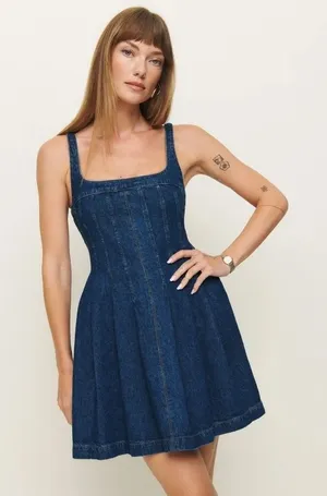 NWT!!‎ REFORMATION Violet Denim Mini Dress Blue Smocked A-Line Skirt Size 12 thumbnail 1
