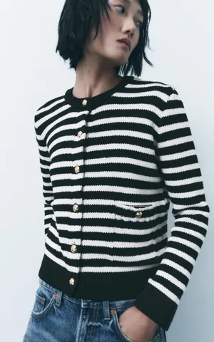 Zara button up sweater cardigan knitted stripped golden button thumbnail 7