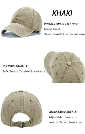 Unisex Vintage Washed Distressed Baseball-Cap Twill Adjustable | Khaki | Size OS thumbnail 2