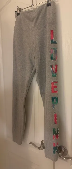 PINK Victoria's Secret Gray Leggings with Pink & Teal Lettering w/rhinestones! thumbnail 1
