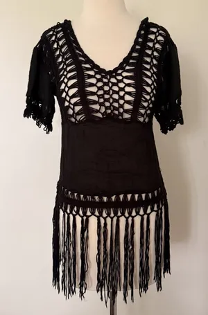 Black Crochet Open Work Yoke Fringe Tassel Hem Boho Witchy Festival Tunic Top thumbnail 1