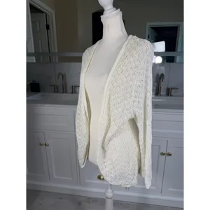 Ann Taylor Cardigan Women XL Cream Open Front Crochet Knit Pointelle thumbnail 6
