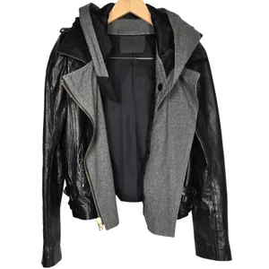 ALC Black Lamb Leather Hooded Moto‎ Jacket Paneled Wool Blend Contrast Trim 4 thumbnail 3