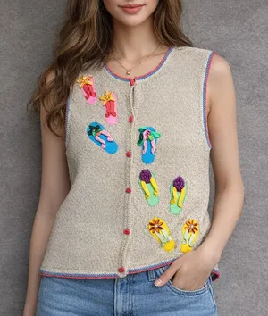 Bellepoint Flip Flop Embroidered Summer Sandals Button Up Sweater Vest thumbnail 1